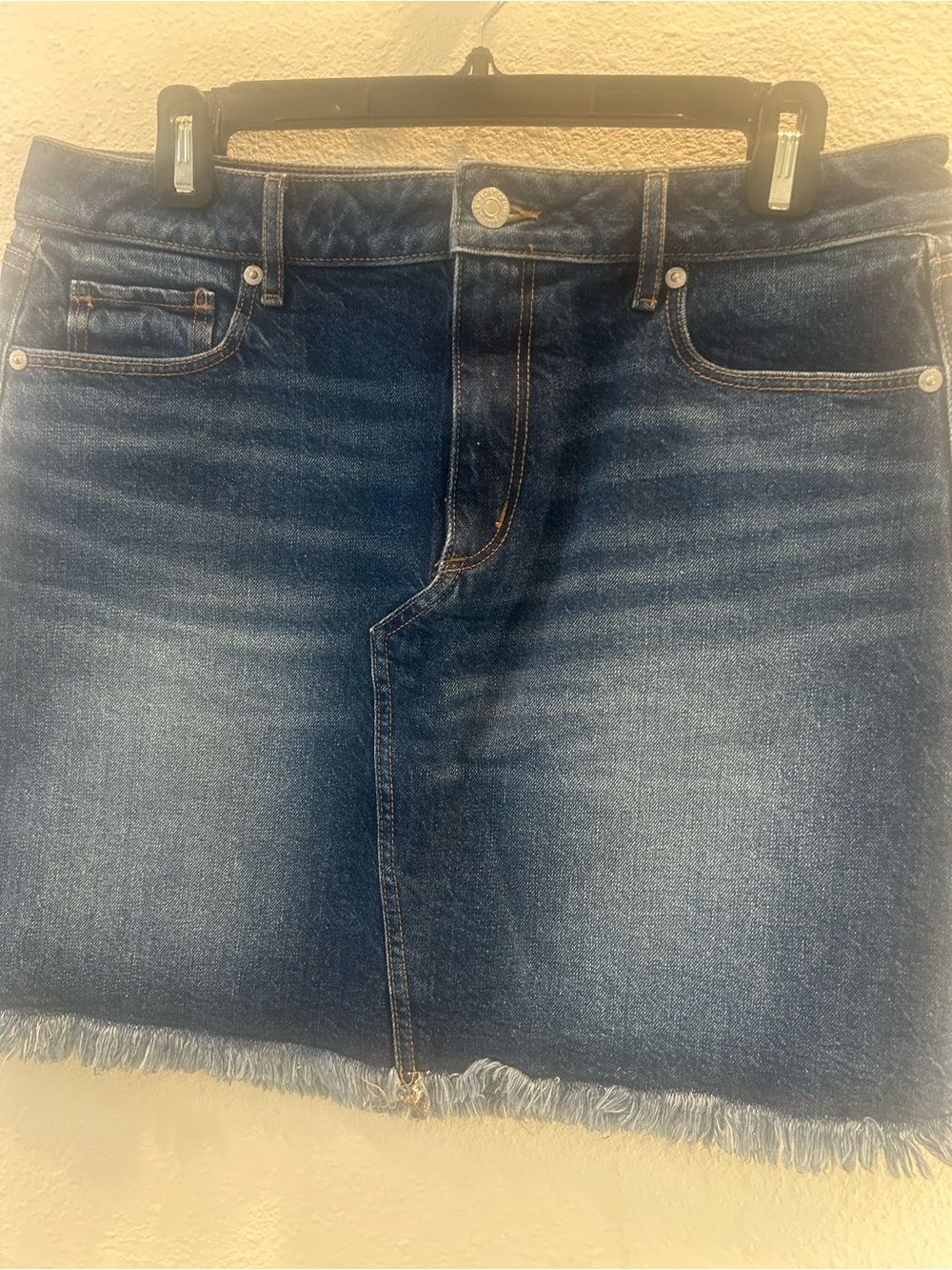 LOFT Dark Blue Denim Mini Skirt with Frayed Hem
